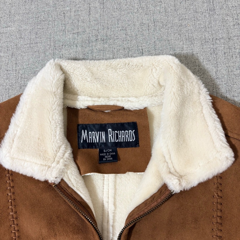 Marvin Richards Womens Small Faux Suede Shearling Coat Brown Zip Up Mid Length - Picture 6 of 9